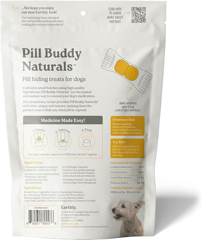 Presidio Earthly Pill Buddy Naturals - PB & Banana Recipe Pill Hiding Treats for Dogs - Make A Perfect Pill Concealing Pocket Or Pouch for Any Size Medication - 90 Servings