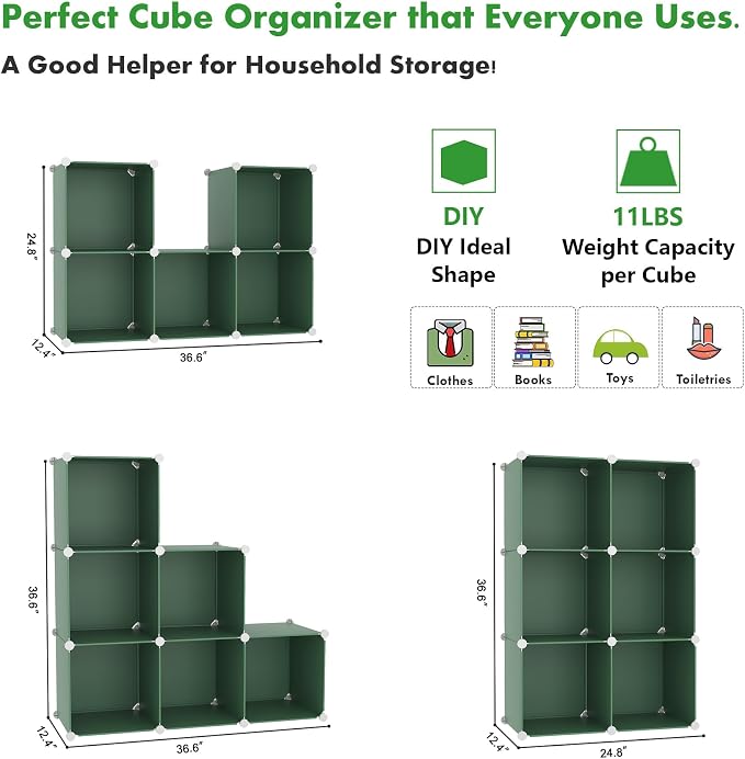 C&AHOME 6-Cube Storage Organizer Cube Shelf Closet Storage Bookcase, Green | Stackable Cubby Storage, Bookshelf, Portable Plastic Storage Closet Organizer, DIY Modular Shelving Units for Home, Wardrobe