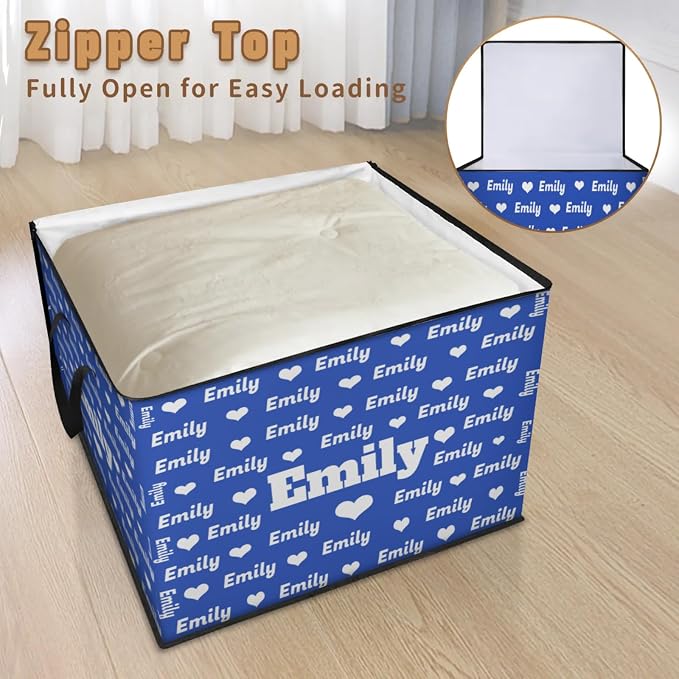 Personalized Extra Large Storage Basket with Lid, Comforters, Bedding Toys Navy Blue Love Heart Storage Bin with Handles for Home, Collapsible Basket for Clothes, Moving, Car Trunk