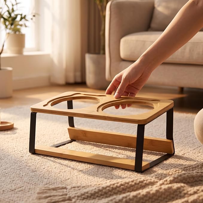 Cat Bowl Stand Elevated Feeder Raised Holder Double Dish Organizer Bamboo Wood and Iron Slanted Design with Stable Base Suitable for Cats and Small
