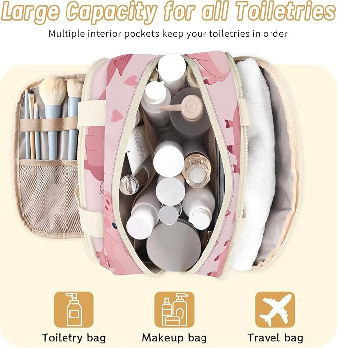 Pig Pinks Travel Toiletry Bag with Handle | Wet & Dry Separation, Full-Size Bottle Friendly, Leak-Proof, Waterproof, Easy to Clean, for Travel, Gym, Home