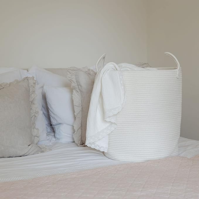 OrganiHaus Tall Cotton Rope Laundry Basket & Hamper, Blanket Storage 52L | Full Off-White - Tall Cotton Rope Hamper, 52L