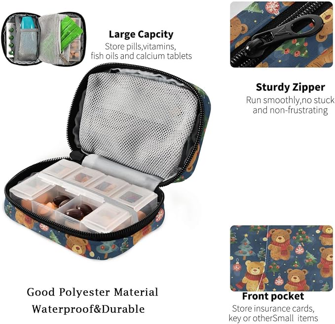 Fustylead Christmas Cute Brown Bears and Fir Trees Ball Decor Pill Organizer for Purse, Weekly Portable Pill Box with Zipper to Storage Vitamins Fish Oils Medications Supplements