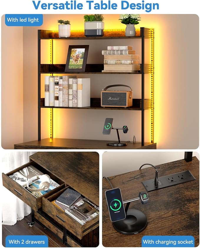 Petrova 40" Dog Crate Furniture with LED Light & 2 Storage Drawers, Heavy Duty Indoor Dog Kennel for Medium/Small Dogs, Wooden Dog Cage with Power Outlets, Charging Station, Lockable Wheels, Brown