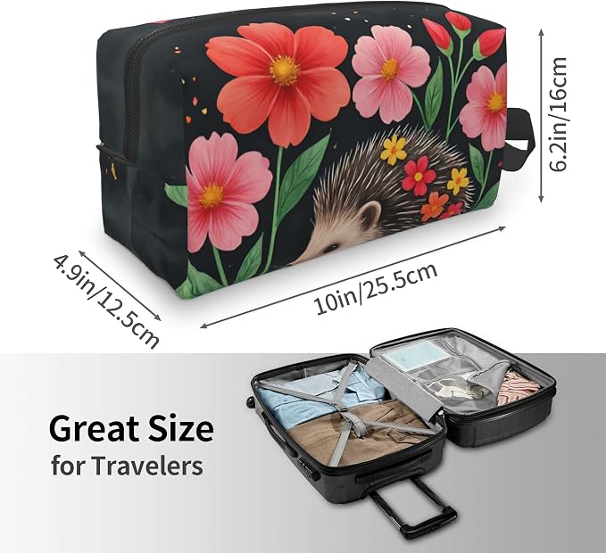 flower hedgehog Makeup Bag - Durable 600D Oxford Fabric Travel Cosmetic Bag, Shockproof Foam Padded Toiletry Organizer for Gym & Daily Use 10x6.2x4.9 Inch