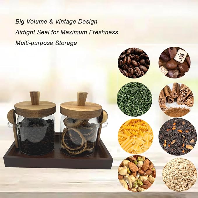 Glass Jars with Brown Wooden Lids and Scoop, Airtight Food Storage Containers with Tray for Sugar Coffee Bean Candy Spice (2, Brown, 13 oz)