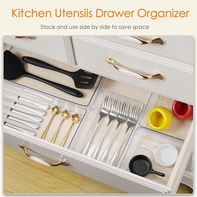 Drawer Organizer, 26 Pack Clear Plastic Drawer Organizer Bins, Versatile Organization and Storage Trays for Kitchen, Bathroom, Vanity Makeup and Office