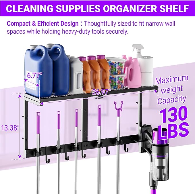 Heavy Duty Broom Holder Wall Mount, All-Metal Mop Rack with Storage Shelves | Space-Saving Cleaning Supply Organizer with Hooks Keeps Mops, Brooms and Tools Handy in Laundry Rooms, Garages and Kitchens