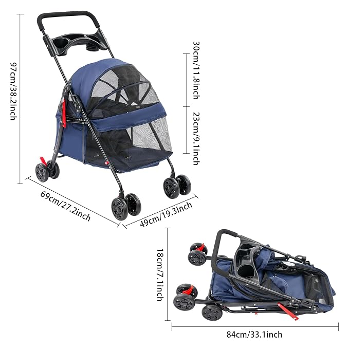 Foldable Pet Stroller Cart for Small Medium Dogs Cats, 40lbs Capacity Pet Travel Cart with 360° Swivel Front Wheels, Breathable Mesh Travel Pet Carrier with Cup Holder(Navy Blue)