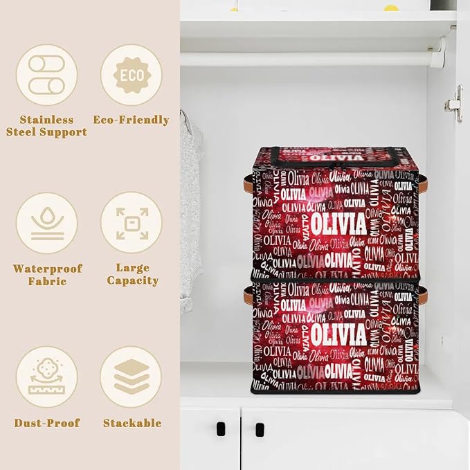 Personalized Kids Toy Box with Name, Custom Nursery Baskets Cubes Box with Zipper Lid, Kids Custom Storage Basket Laundry Baskets Organizer with Handles, Watercolor Red Universe