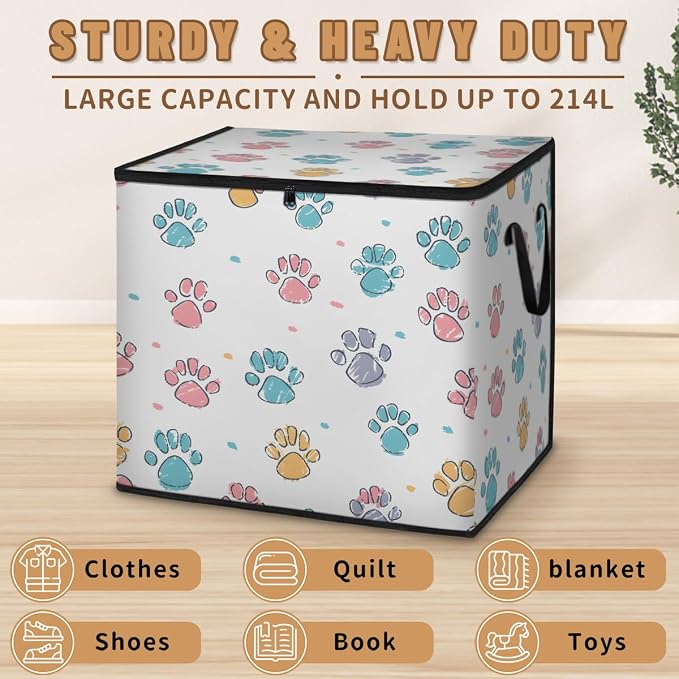 Paw Print Large Storage Bags, Fabric Bed Storage Containers, Foldable Closet Organizers for Blanket, Clothing, Comforter, Bedding, Puppy Dog Paw