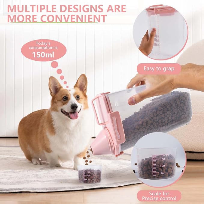 SenseYo 2 Pack 2.5lb Pet Food Storage Container with Measuring Cup, 3L Cat Food Storage Container Dog Food Storage BPA Free for Small Dog, Cat, Bird (Pink)