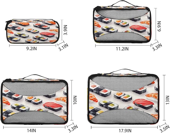 Colorful Sushi 4 Set Travel Packing Cubes for Accessories, Suitcase Organizers Luggage Bags Set with Double Zippers & Mesh Top