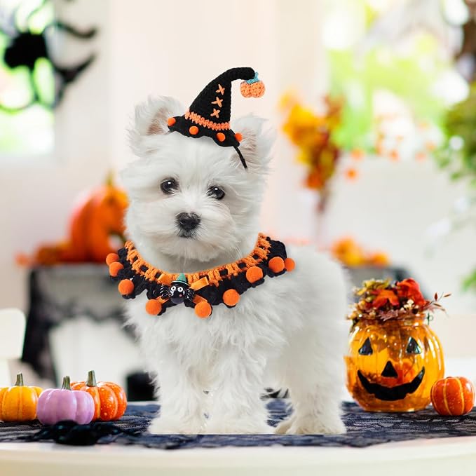 Kunyeah Halloween Pet Costume Set for Cats Small Dog Adjustable Knitted Hat Scarf Pumpkin & Witch Print Puppy Bib Cute Crochet Cat Collar Cap Pet Apparel Outfit (Orange-Ball)