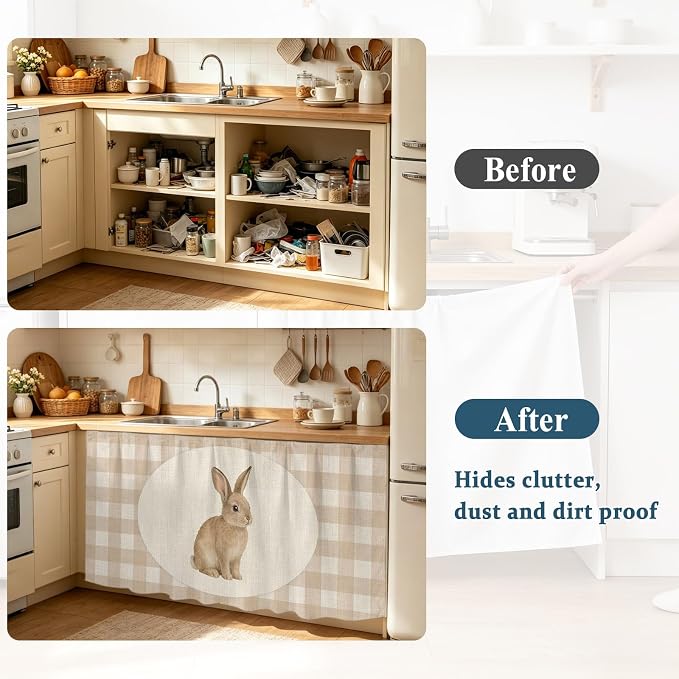 Rabbit Plaid Cabinet Curtains 28"x51" Sink Skirt for Bathroom Kitchen, Rustic Farmhouse Checkered Retro Animal Self Stick Adhesive Under Desk Covers Tall Laundry Cabinet Storage Organizer
