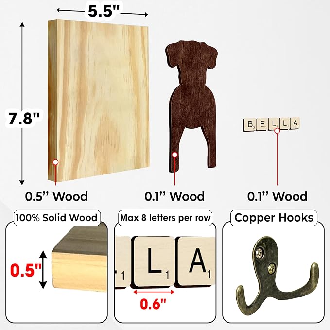 Great Dane Dog Leash Holder Wall Mount with Scrabble Letters, Wooden Dog Wall Hook Organizer, Pet Collar and Harness Holder Entryway, Key Hook and Leash Rack, Gift for Pet Lovers, Home Decor PF297-40