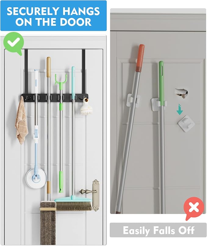 BS-VOG Over the Door Broom and Mop Holder, Broom Hanger, 4 Slots & 4 Hooks | Wooden Broom Holder Door Mount, No Drilling Required, EVA Door Protection Pads, Closet Garage Laundry Use, Black