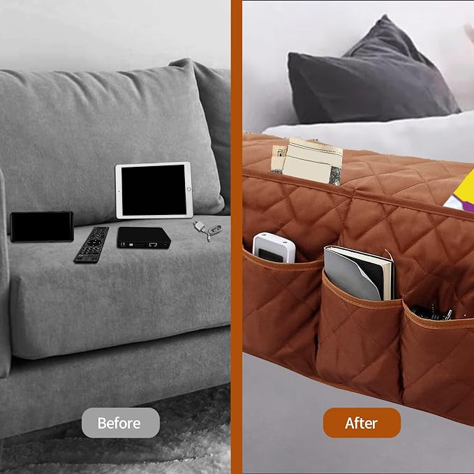 MEHIDFY Armchair Caddy, Waterproof Sofa Armrest Organizer, Non Slip Recliner Organizer, Remote Holder for Recline, Recliner Caddy with 14 Pockets Storage for TV Remote, Phone, Magazine (Brown)
