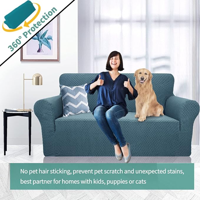 YEMYHOM Couch Cover Latest Jacquard Design High Stretch Sofa Covers for 2 Cushion Couch, Pet Dog Cat Proof Loveseat Slipcover Non Slip Magic Elastic Furniture Protector (Medium, Teal)