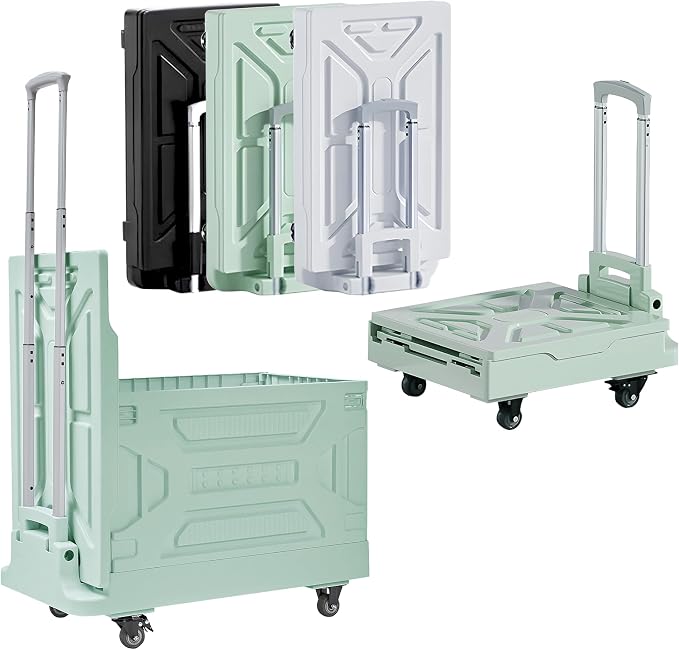 VECELO 23 GAL 2-in-1 Foldable Shopping Cart, Collapsible Utility Cart with Adjustable Handle & 360° Wheels, Dual-Mode Rolling Crate (Basket/Flatbed) for Groceries, Camping, Compact Storage, Green