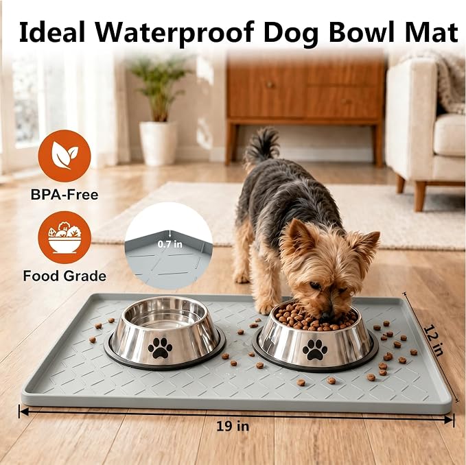 MateeyLife Silicone Waterproof Mat for Dog & Cat Food Mat 19"X12" | BPA-Free Non-Slip Pet Feeding Mat, Dog Food Tray for Food & Water Bowls, Protect Floor Against Spills, Light Grey