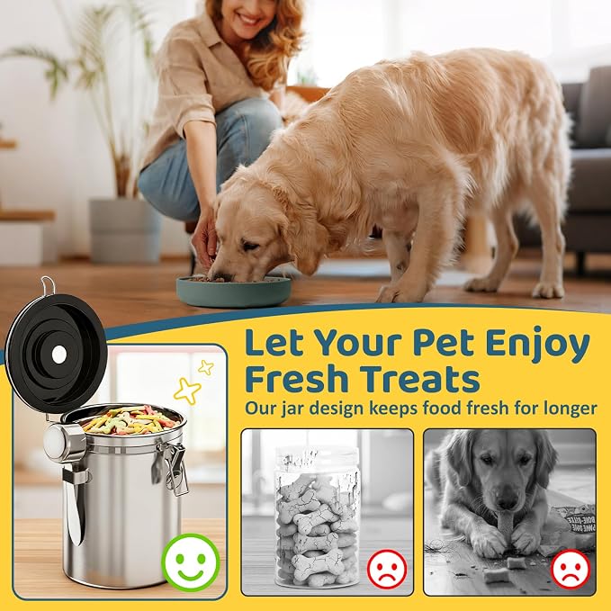 ENONCI Airtight Dog Treat Canister, 304 Stainless Steel Food Storage Jar with Date Dial Silver-1.8L