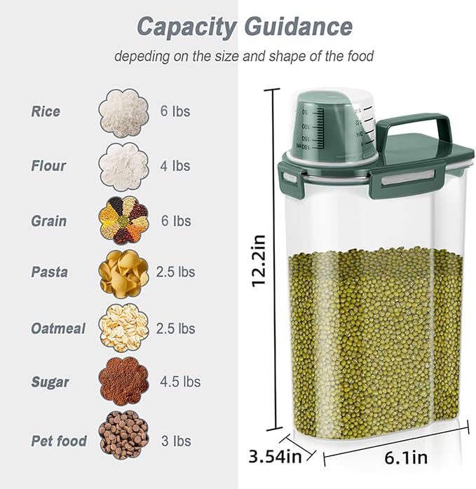 LEAWALK Airtight Rice Storage Container, 3.28Qt Cereal Dry Food Flour and Sugar Bin, Dog Cat Food Dispenser with Measuring Cup, BPA Free Clear Plastic Kitchen and Pantry Organization Bin Green 2Pack