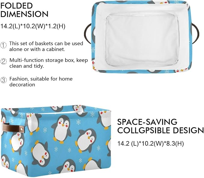 Christmas Snow Penguin Blue Print Rectangular Storage Bin Basket with Handles - Organizer Bins Laundry Storage Basket for Pets Room Books Closet