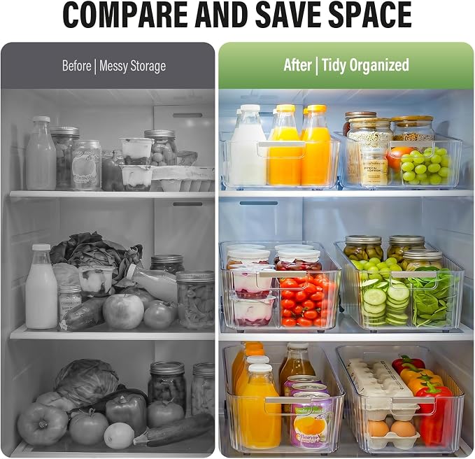 Pull Out Fridge Organizer Bins with Wheels, 8 Dividers, 2-Pack | Clear PET storage bins with handles, rear wheels and adjustable dividers for refrigerator, pantry and cabinet shelves