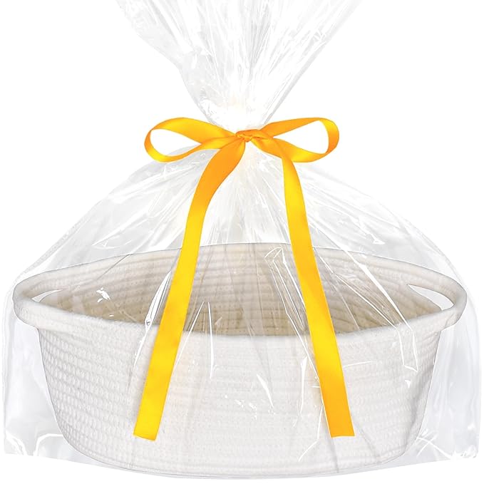 ABenkle Small Basket Empty Gift Basket, Decorative Boho Rope Woven Nursery Storage Organizer Dog Toy Baskets for Baby Showers Christmas Easter with Gift Bags and Ribbons, 12"X 8" X 5", White