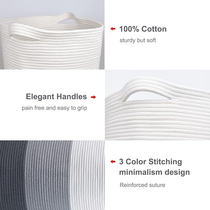 Cotton Rope Blanket Basket, 72L Tall Laundry Hamper, White & Gray