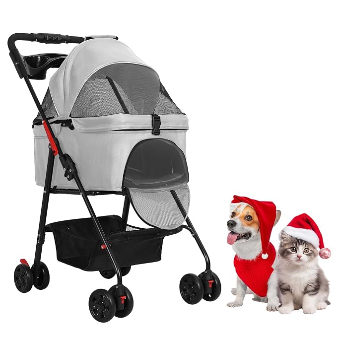 4 Wheels Pet Stroller,Dog and Cat Foldable Strollers, Removable Carrier, Breathable Mesh Canopy, Storage Basket and Cup Holder, Lightweight Travel Carrier, Pet Carrying Cart for Walks Outings Shoppin