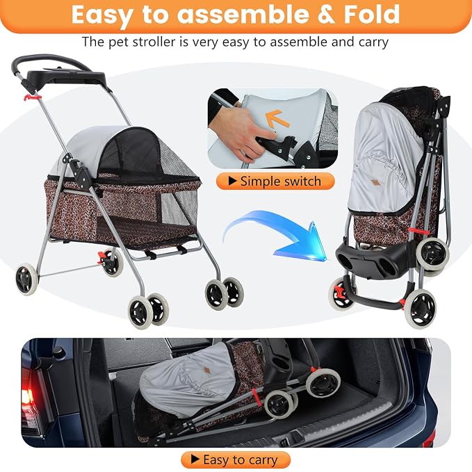BestPet Foldable Pet Stroller for Small/Medium Dogs and Cats Up to 33 lbs | 4-Wheel Stroller Pet Strolling Cart w/ Breathable Mesh, Lockable Rear Wheels, Cup Holder/Tray & Storage Box, Leopard Skin