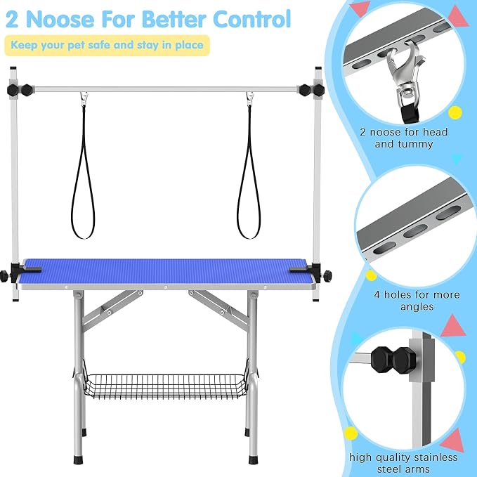 42'' Foldable Dog Grooming Table with Arms/Nooses/Mesh Tray, Blue | Stainless Steel Grooming Table for Dogs at Home, Adjustable Pet Bathing Station, Non-Slip Waterproof Tabletop, Capacity 330Lb