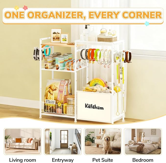 KAFAHOM Dog Toy Basket with Collar Leash Holder Hooks, Large Pet Bin, Dog Toy Box for Living Room Area, Cat Stuff Storage Organizer with Cabinet and Can Dispenser, Great Gifts for Pet Lovers