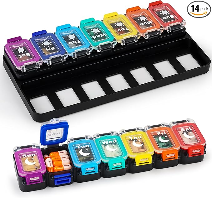 Shintop Weekly Pill Organizer 2 Times a Day, Moisture-Proof Vitamin Box | Secure-Locking Medicine Case, 14 Large Compartments for Fish Oil Supplements, Detachable Rows for Home & Travel, Bold Labels