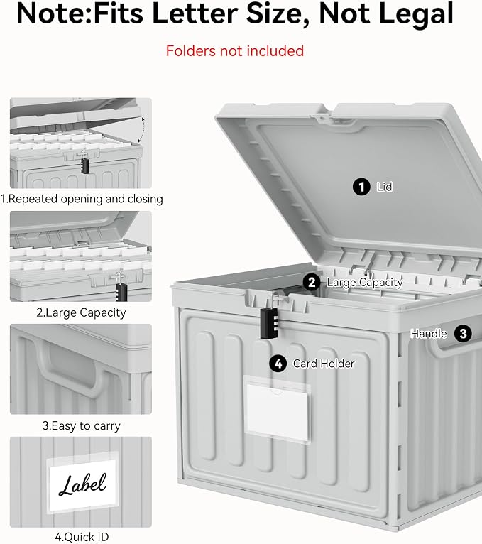 Oterri Lockable Stackable Plastic File Box with Lid for Letter-Size | Hanging File Folders Not Included. Grey, Large 1-Pack. Home, Office, Classroom, Dorm, Tax, Under Bed, Filing Cabinet.