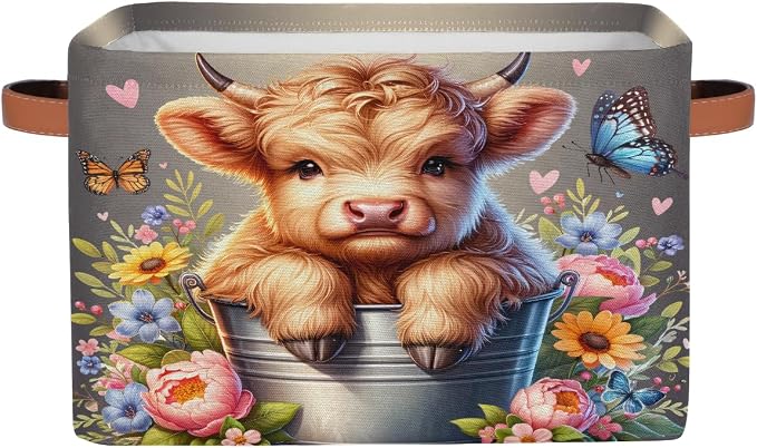 Basket Storage Bins Alpine Cattle Cow Flower Rectangle Cube Basket Box Kids Girls Boys Toys Organizer Beaket Decor Foldable with Handle for Living Room Bedroom Closet Nursery Office Shelf Gifts