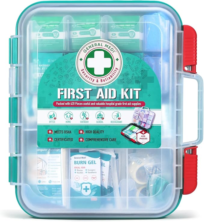 General Medi 420 Pieces Professional First Aid Kit - HardCase First Aid Box - Contains Premium Medical Supplies for Travel, Home, Office, Vehicle, Camping, Workplace & Outdoor