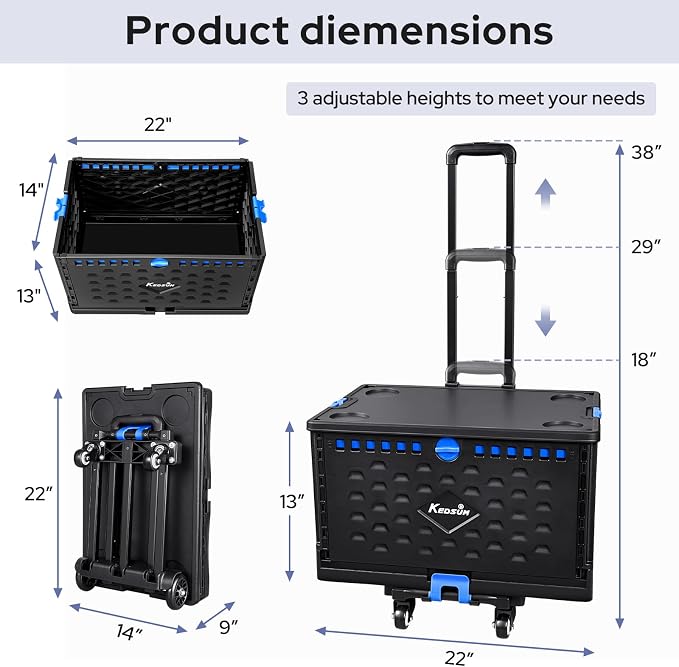 KEDSUM 2 in 1 Rolling Cart with Durable Removable Crate, 290 LBS/70L Capacity Collapsible Rolling Crate with Lid for School, Craft, Office & Garden, on 4 Rotate Wheels