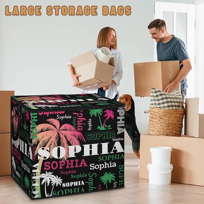 Custom Name Storage Bin with Lid, Personalized Extra Large Pink Green Tropical Palm Tree Black Storage Basket with Handles Zippers for Organizing Comforters, Blankets, Bedding Closet Shelf Baskets