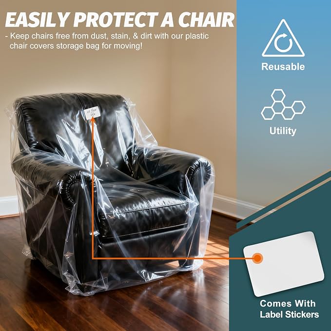 2 Pack Clear Plastic Moving Chair Furniture Covers for Storage | Extra Large 65 x 42 x 34 Inch, Waterproof and Dust Proof With Label For Storage and Moving