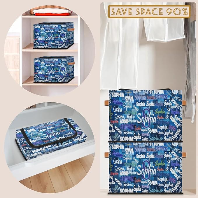 Personalized Storage Basket with Name, Rectangle Toys Storage Bin with Handles Zipper Lid for Boys, Blue Geometrics Pattern Collapsible Basket for Clothes, Books