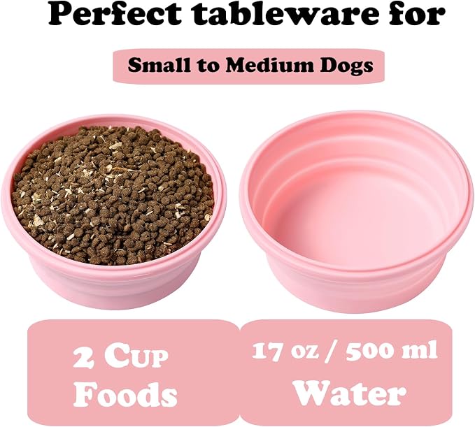 Joyinjojo Collapsible Dog Bowls with Lids, 2 Pack Portable Travel Dog Bowls for Small Medium Large Dogs, Silicone Foldable Outdoor Dog Cat Food Water Bowls for Camping Hiking Road Trip, Pink 17 oz