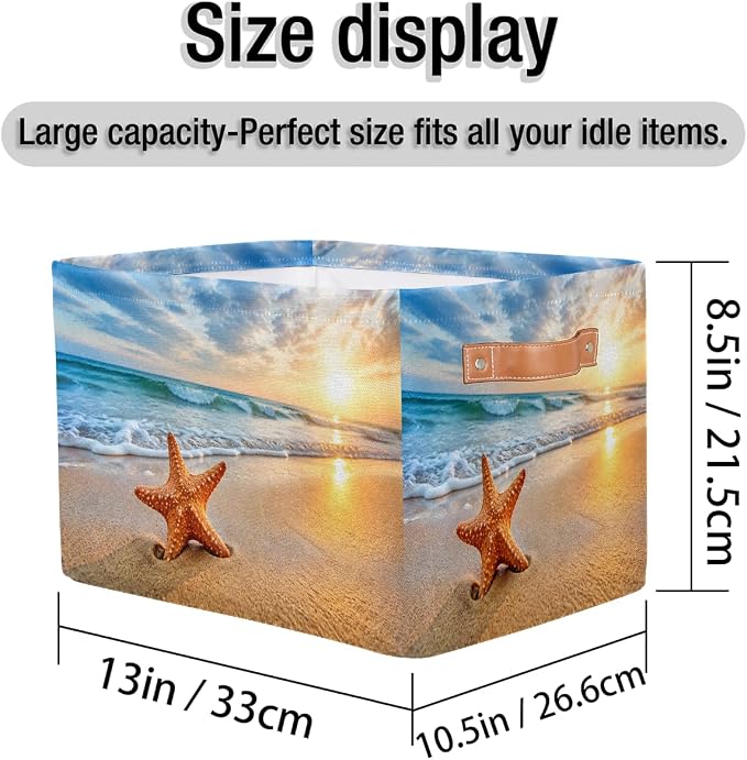 Pardick Beach Basket Storage Bins Rectangle Canvas Basket Cube Storage Box | Nursery Foldable Basket with Handle for Kids Girls Boys Toys Living Room Closet Organizer Shelf Gifts Starfish Nautical
