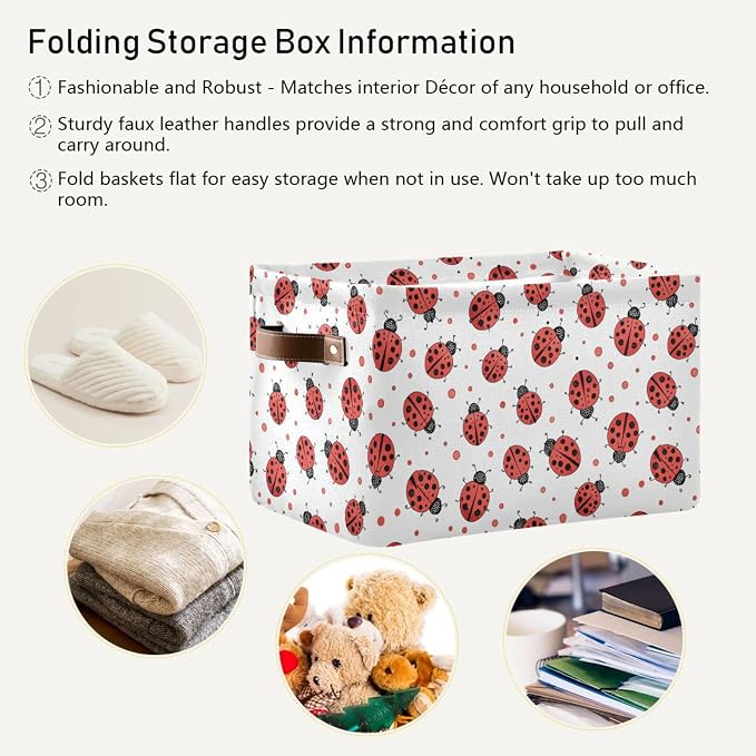 Ladybug Storage Basket Bin, Large Cube Storage Box Canvas Collapsible Storage Organizer for Home Office Closet - 15 L x 11 W x 9.5 H