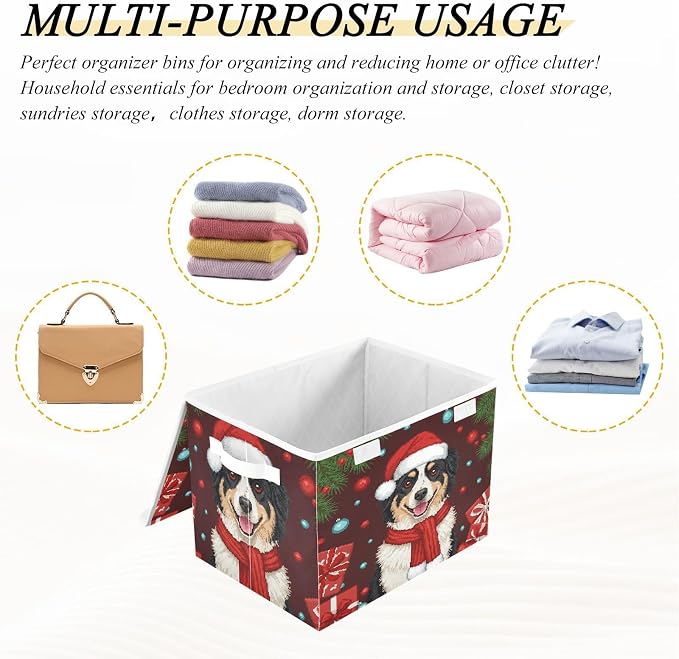 Winter Christmas Pet Storage Bins with Lids Closet Bedroom 40L Fabric Bin | Decorative Storage Boxes, Foldable & Stackable, Dust-Proof Flip Top, Reinforced Handles, For Home & Dorm, Clothes & Toy Box