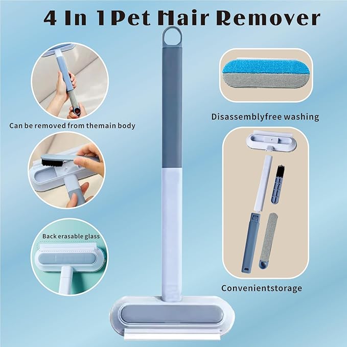 4 in 1 Pet Hair Remover, Reusable Washable Lint Brush for Dog and Cat Hair - Multifunctional Fur Removal Tool, 17.3Inch Adjustable Long Handle, for Couch, Furniture, Carpet, Car Seat, Clothes, Bedding