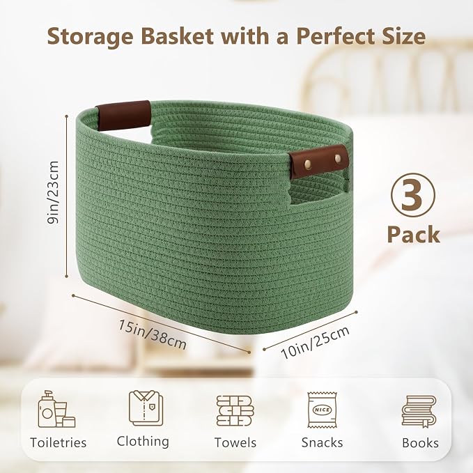 ECDYQXVU 15x10x9 Woven Cotton Rope Storage Basket, Leather Handles 3 Pack | Foldable Design, Sturdy PU Handles, Easy to Clean Organizer for Living Room, Closet, Shelves, Bedroom, Laundry, Clothes