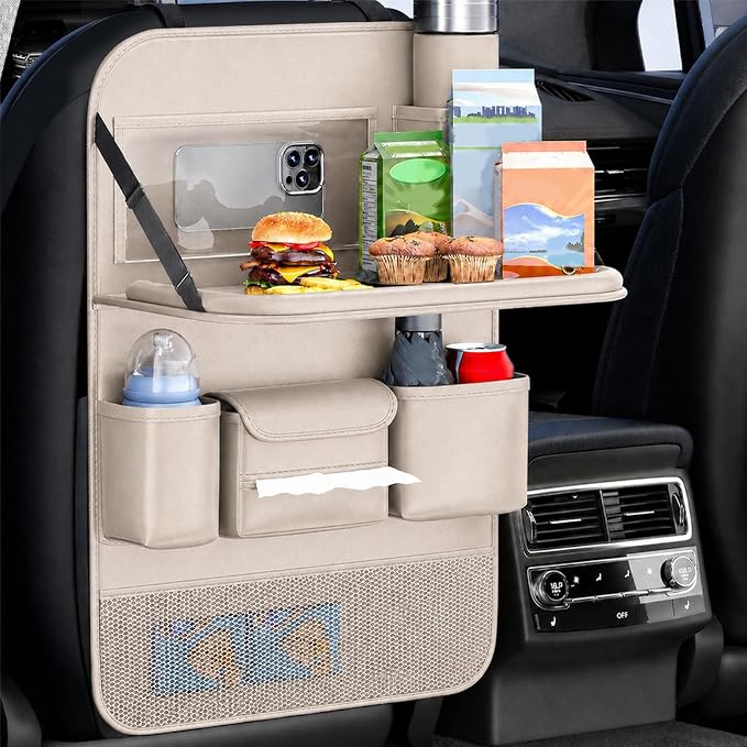 2 Pack Universal Foldable Car Backseat Organizer with Table Tray, Car Seat Back Protector with Touch Screen Phone Holder, Premium Leather Kick Mats with Storage Pockets Tissue Holder (Beige)